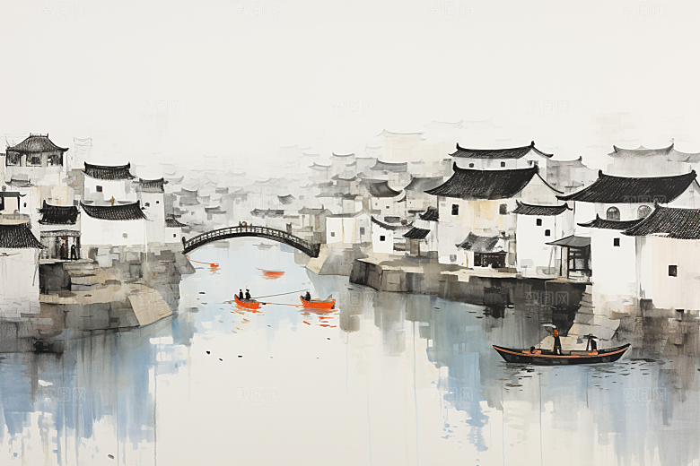 水墨江南中式水彩插画