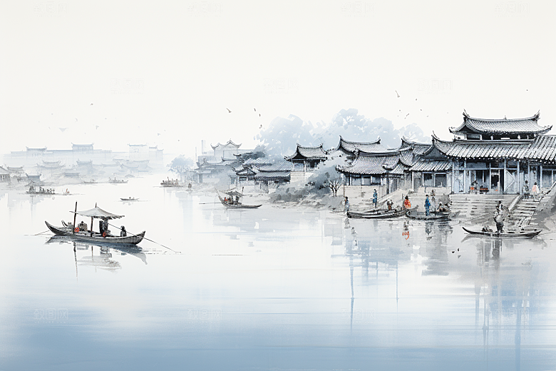 水墨江南中式晕染插画