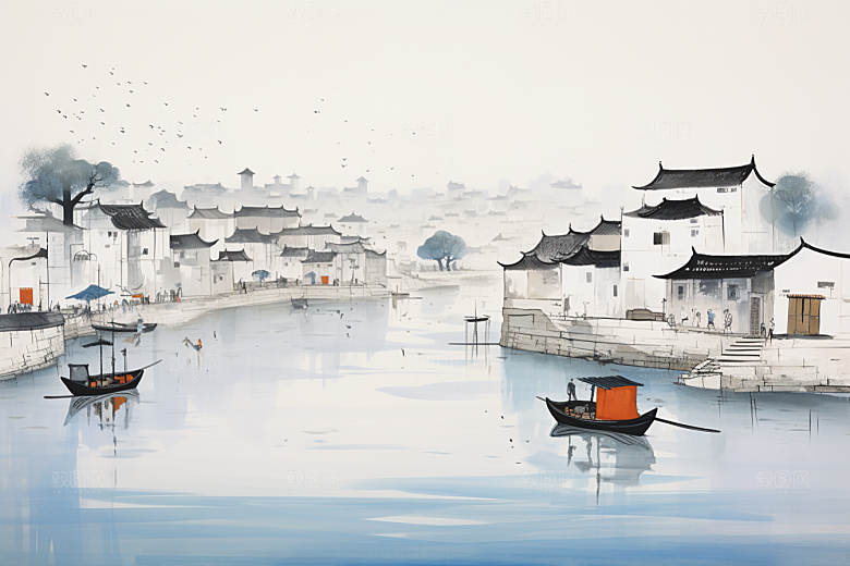 水墨江南小桥流水中式插画