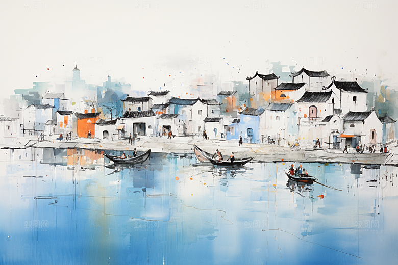 水墨江南小镇水乡插画