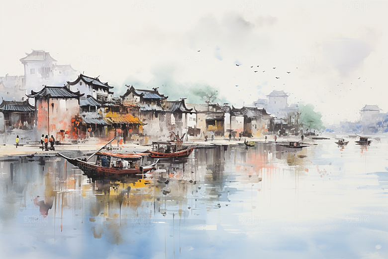 水墨江南手绘水乡插画