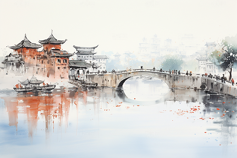 水墨江南晕染手绘插画