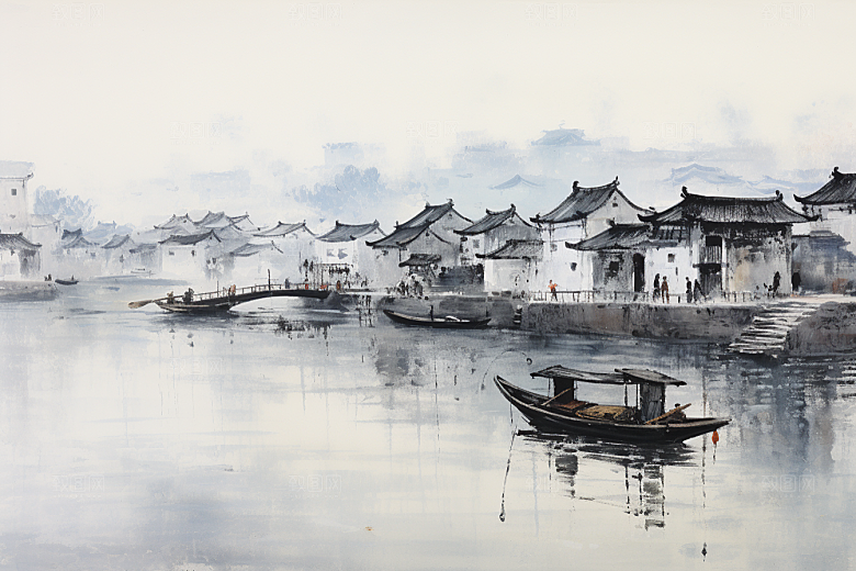 水墨江南小桥流水水彩插画