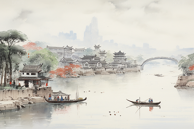 水墨江南水乡水彩插画