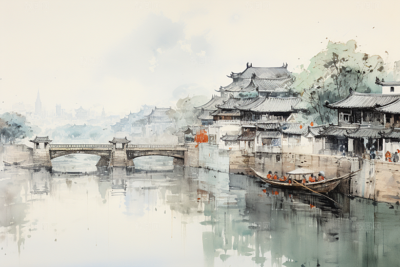 水墨江南中式粉墙黛瓦插画