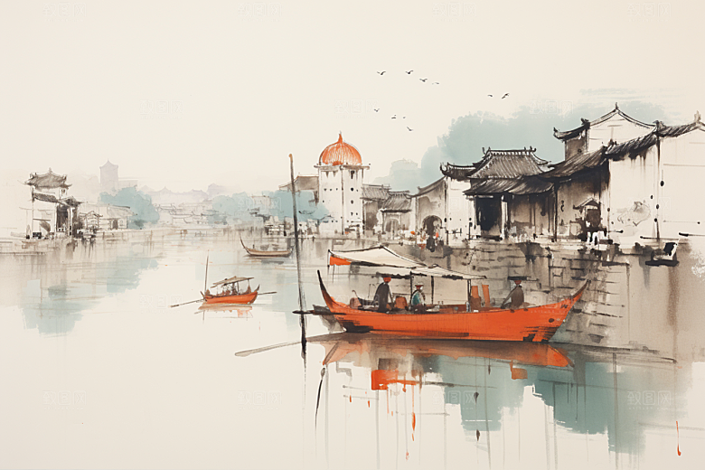 水墨江南小桥流水中式插画