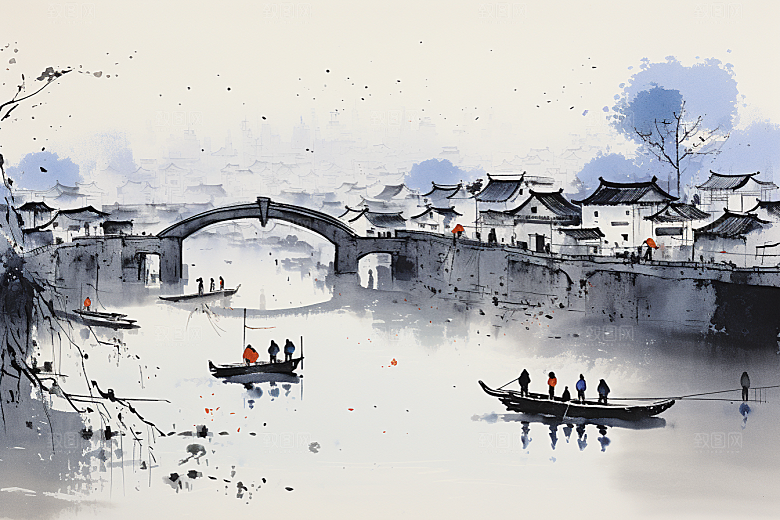 水墨江南水乡小桥流水插画