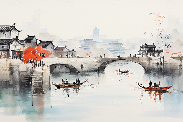 水墨江南粉墙黛瓦小桥流水插画