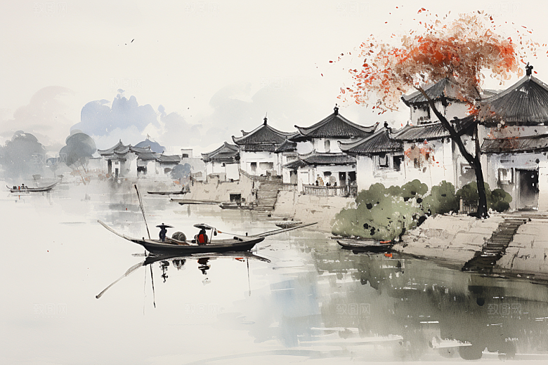 水墨江南晕染粉墙黛瓦插画