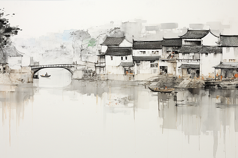 水墨江南水乡手绘插画