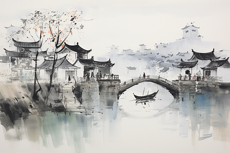 水墨江南中式晕染插画