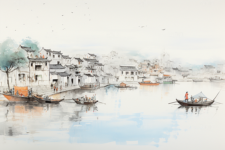 水墨江南水彩小镇插画