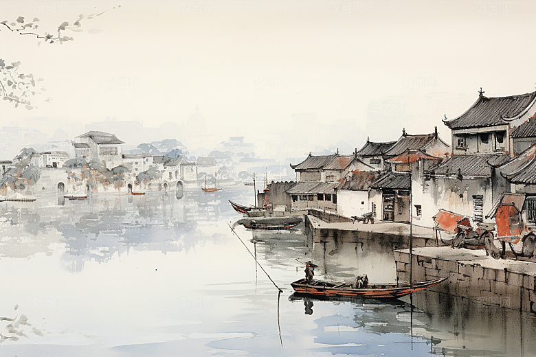 水墨江南晕染小镇插画