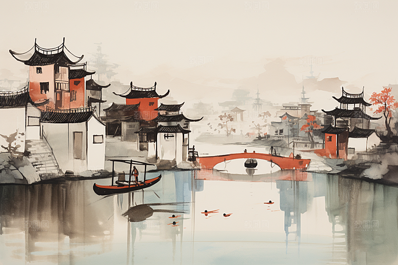 水墨江南粉墙黛瓦水彩插画