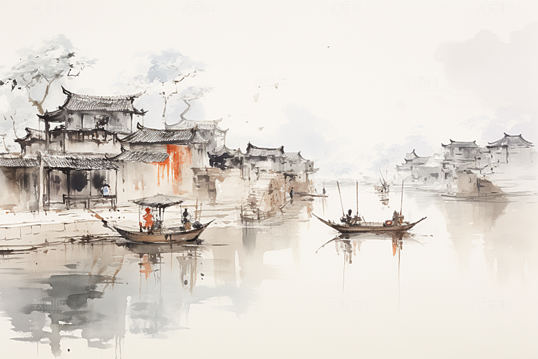 水墨江南中式水乡插画