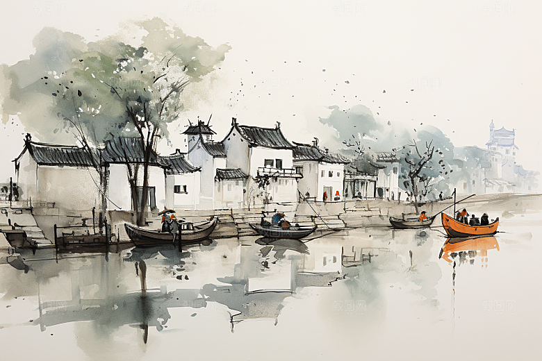 水墨江南小桥流水粉墙黛瓦插画