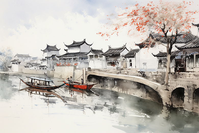 水墨江南水乡小镇插画
