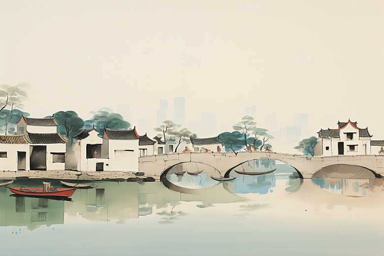 水墨江南晕染水乡插画
