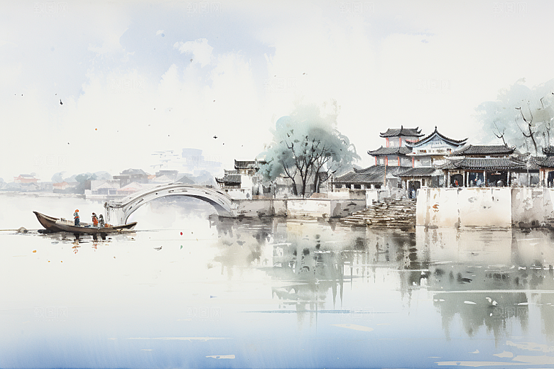 水墨江南小桥流水中式插画