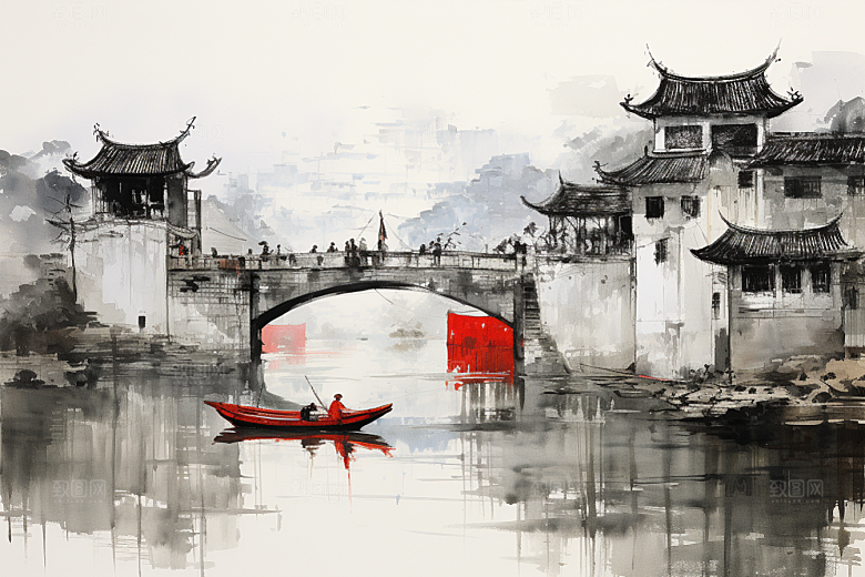 水墨江南小桥流水晕染插画