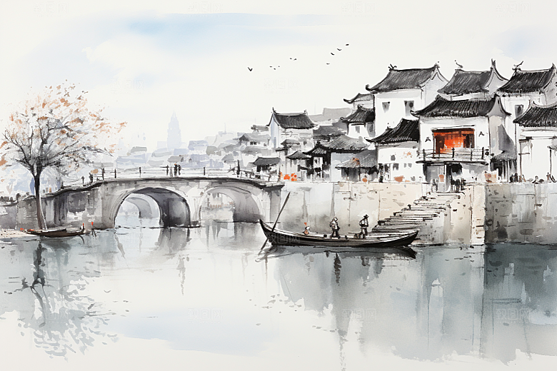 水墨江南手绘中式插画