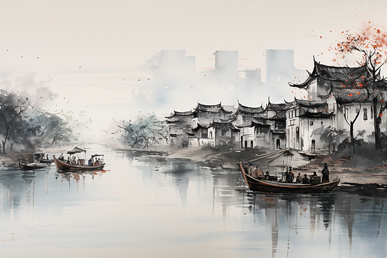 水墨江南小桥流水中国风插画