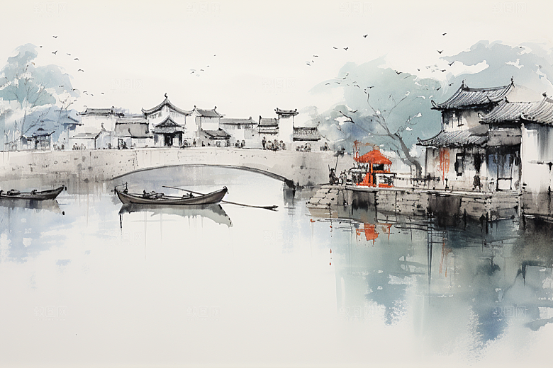 水墨江南中式水乡插画