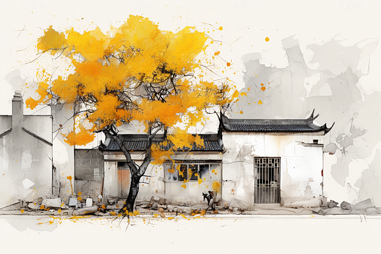 水墨江南小桥流水水彩插画