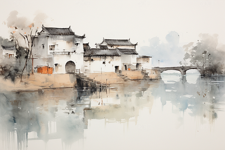 水墨江南晕染小镇插画
