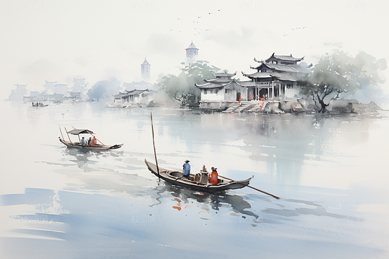 水墨江南中国风粉墙黛瓦插画