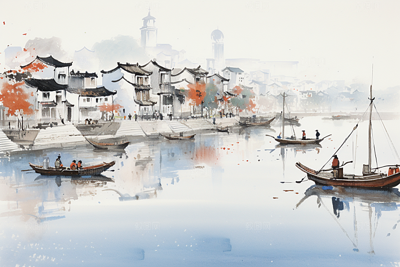 水墨江南中国风小镇插画