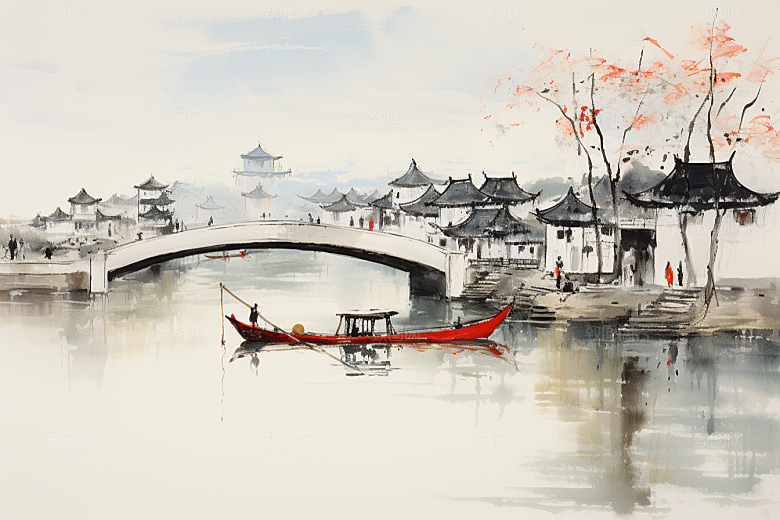水墨江南粉墙黛瓦水彩插画