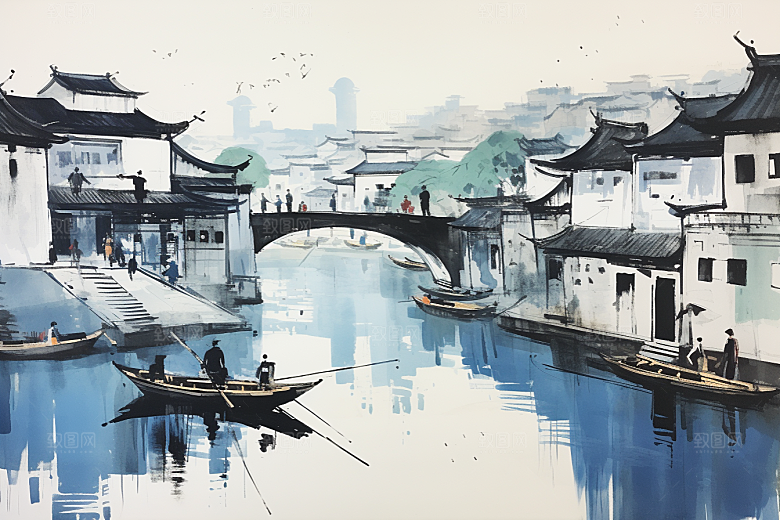 水墨江南手绘粉墙黛瓦插画