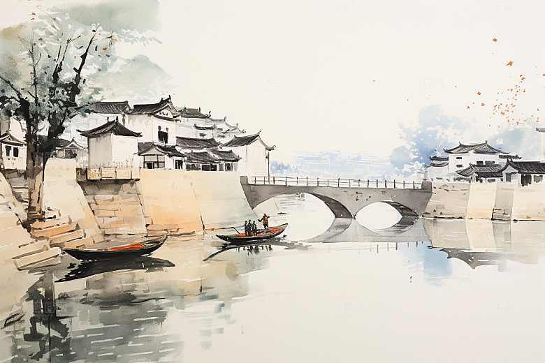 水墨江南水乡晕染插画