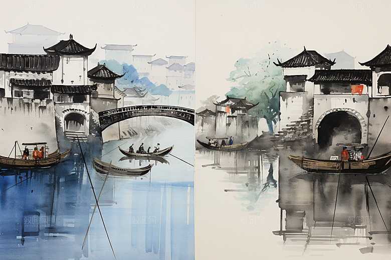 水墨江南手绘水乡插画