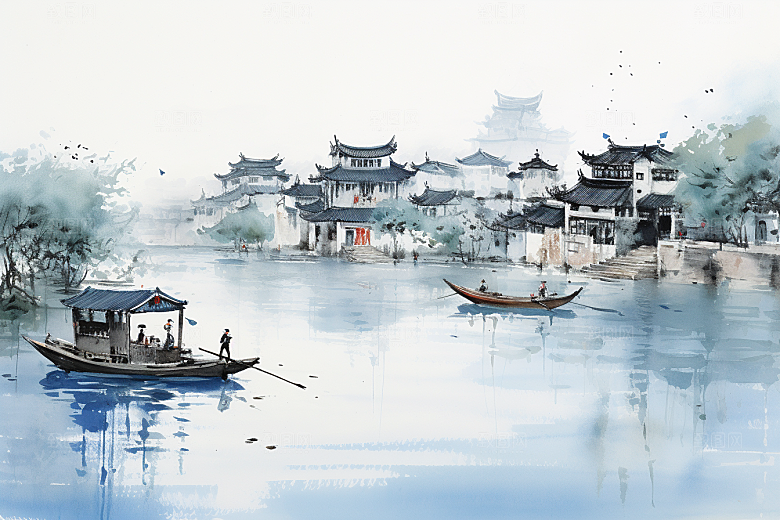 水墨江南晕染手绘插画
