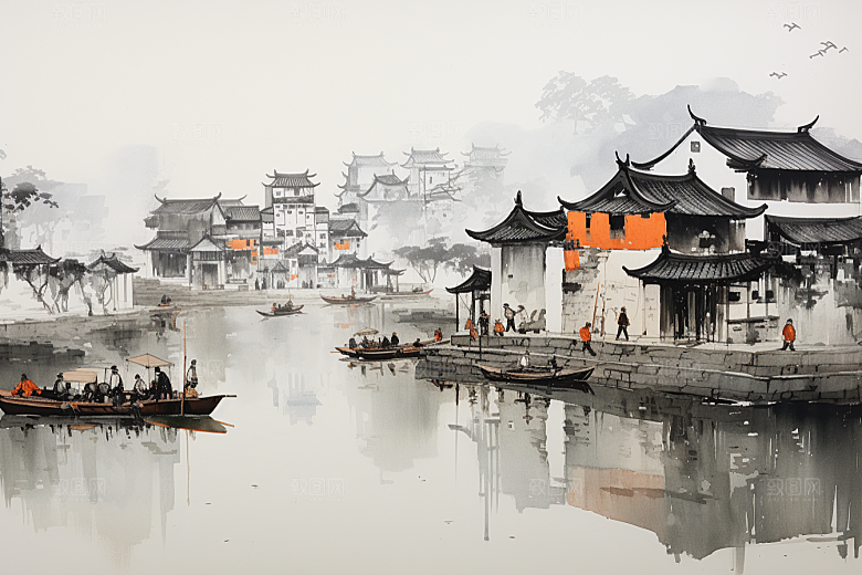水墨江南中国风粉墙黛瓦插画