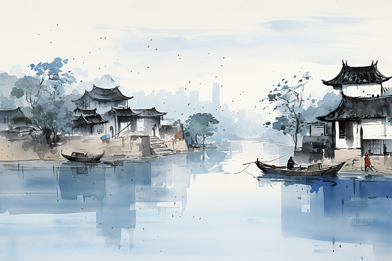 水墨江南水乡中国风插画