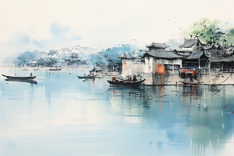水墨江南水乡小桥流水插画