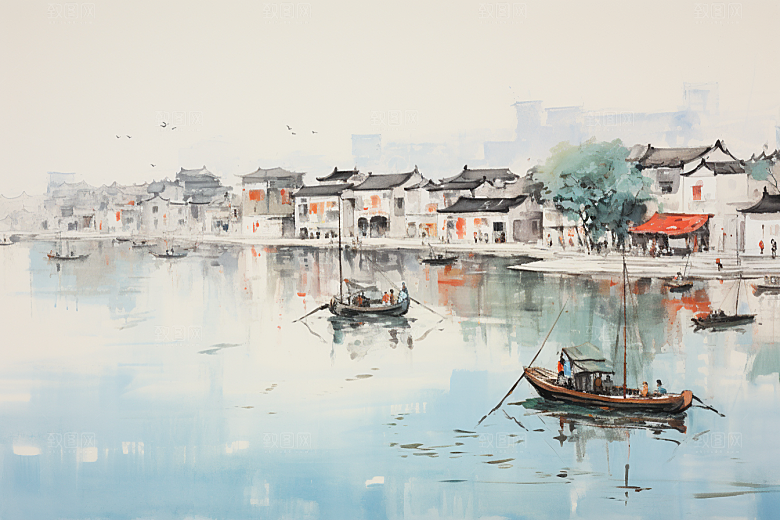 水墨江南中式晕染插画