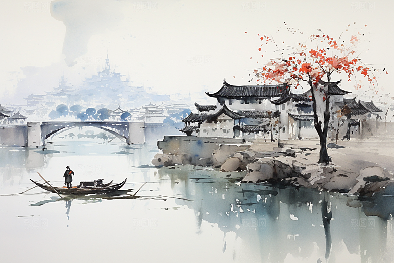 水墨江南手绘粉墙黛瓦插画