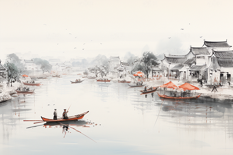 水墨江南水乡手绘插画