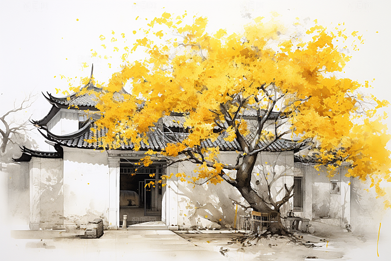 水墨江南水乡粉墙黛瓦插画