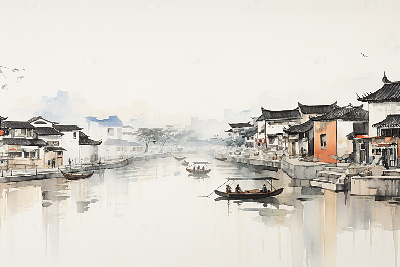 水墨江南水彩粉墙黛瓦插画