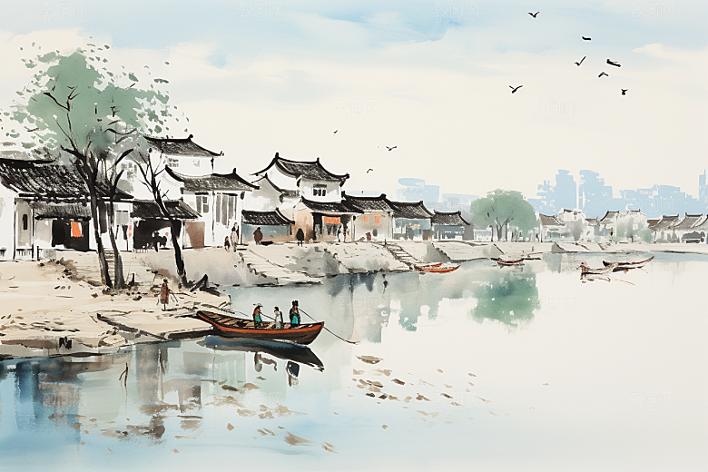 水墨江南晕染中式插画