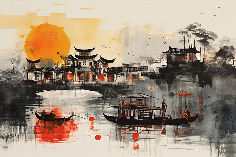 水墨江南小镇中国风插画