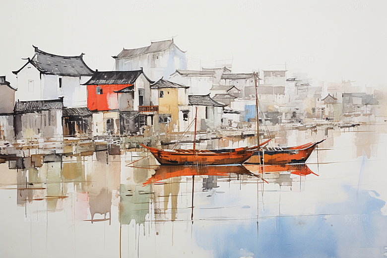 水墨江南中国风粉墙黛瓦插画