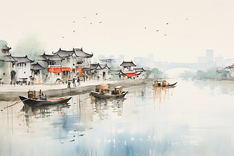 水墨江南小桥流水粉墙黛瓦插画