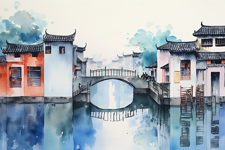 水墨江南小桥流水晕染插画