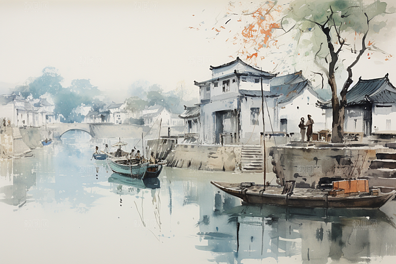 水墨江南中国风小镇插画